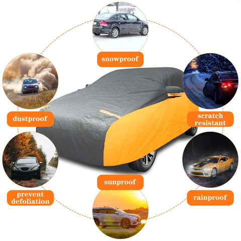 All Weather Car Cover For Sedans, Waterproof And Windproof, UV Sun Protection, Scratch-Resistant, Black Orange cover in use