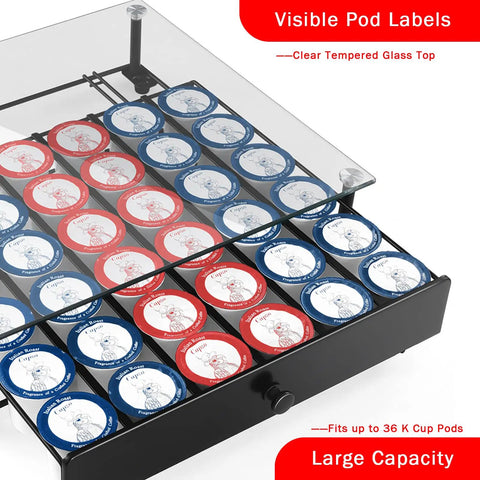 High Capacity Coffee Pod Drawer Organizer With Tempered Glass Top Holds 36 K Cup Pods 6 Per Row Black Metal Frame visible pod labels