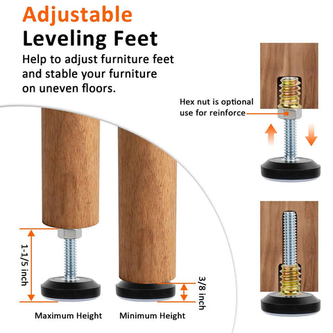 Game Changing Adjustable Furniture Levelers With Full Metal Threads And Teflon Glide Pads Smooth Operator Anti Wobble Foot Caps image showing height adjustments and features.