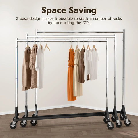 Heavy Duty Rolling Garment Rack With 500LBS Capacity Adjustable Chrome Clothes Rack On Wheels Portable Z Base Steel Garment Rack For Home Studio Or Retail Use Commercial Grade Ideal For Boutiques And Large Wardrobe Rooms