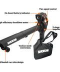 Cordless 3 In 1 Leaf Blower Vacuum Mulcher with Brushless Motor, Dual Speed, with features labeled including 4.0Ah batteries and charger