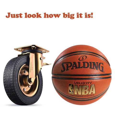 Eight Inch Badass Heavy Duty Casters Set Of Four With Solid Rubber Wheels And Precision Bearings Hella Smooth Industrial Rollers next to a basketball.