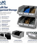 Dang Tough Heavy Duty Stackable Storage Bins In Bold Red With Side Connect Hooks For Garage Workshop Tool Organization Durable Polypropylene Totes That Crush Clutter And Hold Equipment Rock Solid, showcasing organized components and labels.