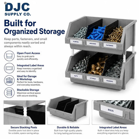 Dang Tough Heavy Duty Stackable Storage Bins In Bold Red With Side Connect Hooks For Garage Workshop Tool Organization Durable Polypropylene Totes That Crush Clutter And Hold Equipment Rock Solid, showcasing organized components and labels.