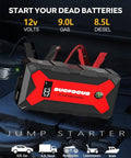 Beast 4000A Car Jump Starter Portable Jump Box With USB QC3 LED Light and Jump Cables in red case, side view