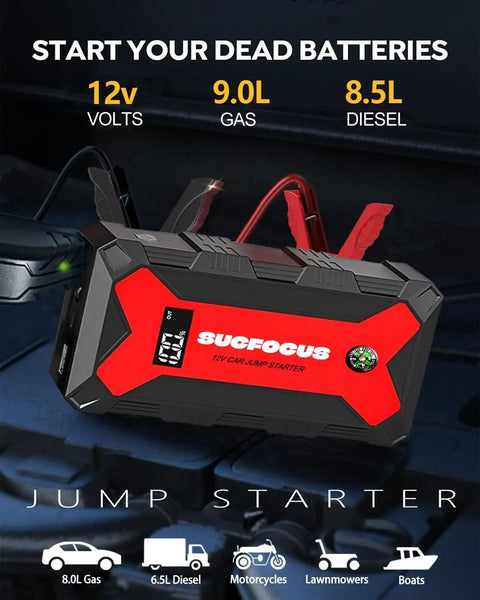 Beast 4000A Car Jump Starter Portable Jump Box With USB QC3 LED Light and Jump Cables in red case, side view