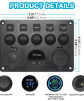 All In One 5 Gang Rocker Switch Panel With Type C And QC 3.0 USB Digital Voltmeter 12V Outlet Pre Wired For RV Car Boat Truck