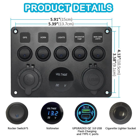 All In One 5 Gang Rocker Switch Panel With Type C And QC 3.0 USB Digital Voltmeter 12V Outlet Pre Wired For RV Car Boat Truck