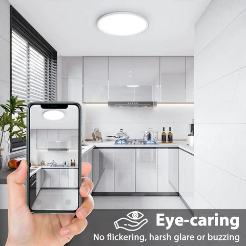 12 Inch LED Flush Mount Ceiling Light Fixture Ultra Bright Non Dimmable 28W 5000K Daylight 3200 Lumens installed in kitchen
