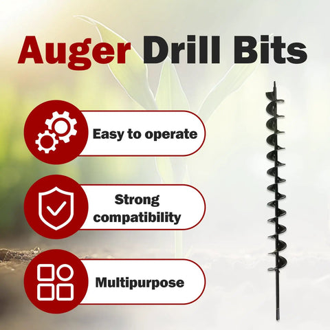 Heavy Duty Steel 24 Inch Long 2 Inch Diameter Earth Auger Drill Bit For Three Eighths Inch Hex Drive Drills with soil and icons
