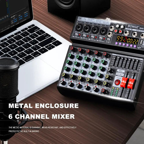 6 Channel DJ Audio Mixer With 99 DSP Effects And 7 Band EQ Gig Ready Independent 48V Phantom Power Bluetooth USB Recording Interface on desk
