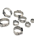 Assorted 304 stainless steel single-ear stepless hose clamps, 10.3–12.8mm.