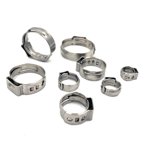 Assorted 304 stainless steel single-ear stepless hose clamps, 10.3–12.8mm.