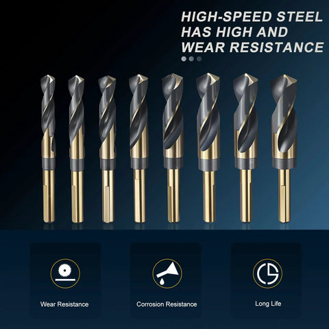Premium 8-Pack Reduced Shank Drill Bit Set From 9/16 To 1 Inch Featuring High-Speed Steel Construction With Gold Finish And Split Point Tips For Drilling Metal Wood And Steel Like A Boss HSS drill bits