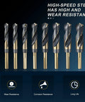 Rock Solid PATIKIL 9/16 To 1 Inch Reduced Shank Drill Bits M2 High Speed Steel Gold Finish Sharp Points For Tough Metal Jobs Stainless Steel Cast Iron set shown with wear resistance