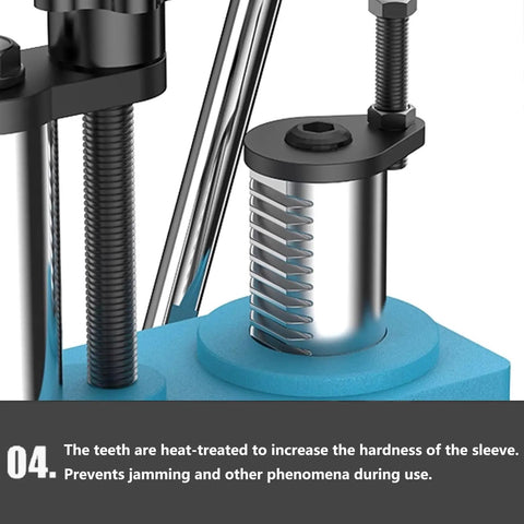 Close-up of Heavy Duty Benchtop Arbor Press With Automatic Retractable Handle, showcasing heat-treated sleeve for durability.