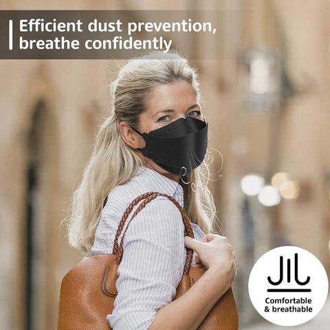 Woman wearing black KN95 Face Masks 50 Pack Breathable Comfort Disposable Respirator Masks For Daily Use Black High Filtration Efficiency