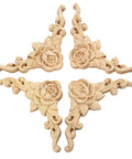 Four unpainted rose corner decals, premium wood carved appliques and onlays, ideal for retro furniture decor.