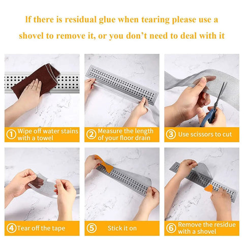 Instructions on using Hair Catcher for Shower-Self-Adhesive Drain Strainer Filter Roll with a towel and scissors.