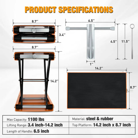 Beefy 1100Lb Motorcycle Lift Jack With Wide Deck And Safety Pin, Adjustable 3.4 To 14.2 Inch, dimensions and specifications.