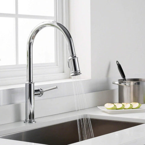 Single Handle Pull-Down Kitchen Faucet With Spot Free Stainless Steel Finish in modern kitchen setting