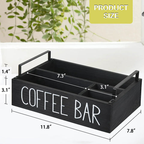 Farmhouse Style Wooden Coffee Station Organizer For Countertop With Handle, Four-Compartment Coffee Bar Accessories Holder size