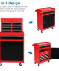 Five Drawer Rolling Tool Chest With Lockable Wheels Detachable Top And Adjustable Shelf Plus Bottom Cabinet For Heavy Duty Garage Workshop Shop And Warehouse Tool Organizer red steel 2-in-1 design