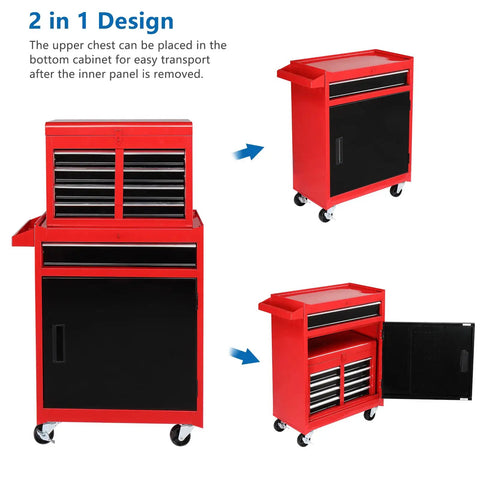 Five Drawer Rolling Tool Chest With Lockable Wheels Detachable Top And Adjustable Shelf Plus Bottom Cabinet For Heavy Duty Garage Workshop Shop And Warehouse Tool Organizer red steel 2-in-1 design
