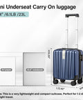 14 Inch Underseat Carry On Luggage With Wheels Hard Shell Carry On Suitcase Lightweight Weekender Travel Bag That Fits Under Most Airline Seats Dark Blue shown next to size reference chart including A4 paper and 15.6-inch notebook.