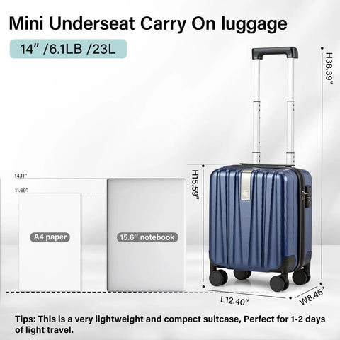 14 Inch Underseat Carry On Luggage With Wheels Hard Shell Carry On Suitcase Lightweight Weekender Travel Bag That Fits Under Most Airline Seats Dark Blue shown next to size reference chart including A4 paper and 15.6-inch notebook.