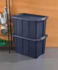 Eight Pack Heavy Duty Storage Bins With Secure Snap Lids Rock Solid Plastic Totes Built Like A Tank For Garage Basement Outdoor Campout Gear And Seasonal Gear 30 Gallon Capacity Dark Indigo Bucket stacked side view