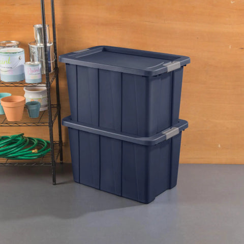 Eight Pack Heavy Duty Storage Bins With Secure Snap Lids Rock Solid Plastic Totes Built Like A Tank For Garage Basement Outdoor Campout Gear And Seasonal Gear 30 Gallon Capacity Dark Indigo Bucket stacked side view