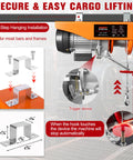 Close-up of Beefy 1320 Lb Electric Hoist Winch 110V with remote control showing hook and mounting installation