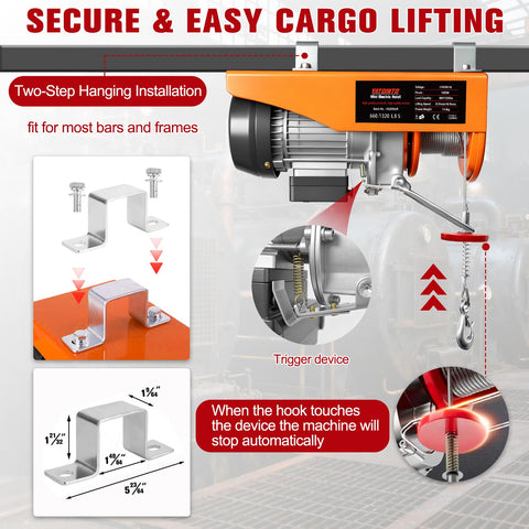 Close-up of Beefy 1320 Lb Electric Hoist Winch 110V with remote control showing hook and mounting installation
