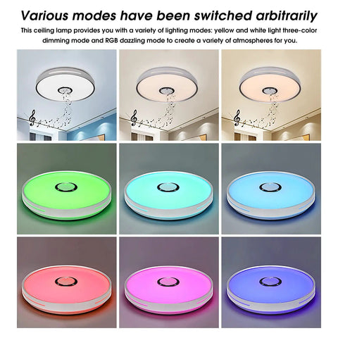 LED Ceiling Light With Bluetooth Speaker And RGB Color Changing Glow, images showing different RGB modes and settings