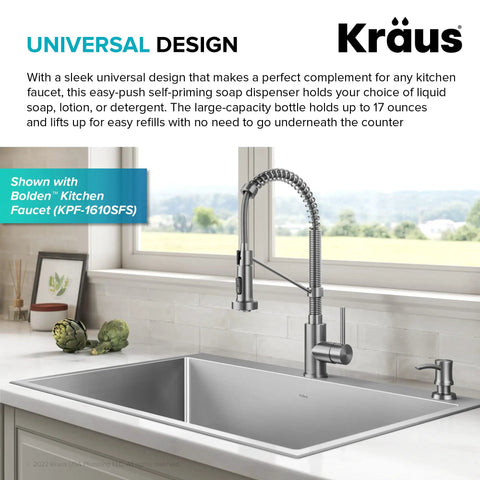 Multi Purpose Kitchen Soap And Lotion Dispenser In Spot Free Stainless Steel With A 17 Oz Capacity And Durable Brass Pump For Liquid Soap Or Lotion No Fuss Countertop Ready Modern Finish next to a Kraus kitchen faucet on a countertop.