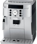 Fully Automatic Espresso And Cappuccino Maker With Precision Burr Grinder For Smooth Milk Frothing And Solid Stainless Steel Cabinet Profile, front view.