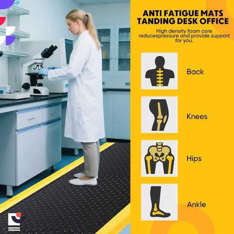 Anti Fatigue Industrial ESD Mat With Ground Wire 3x12 Feet Thick Three Quarter Inch Heavy Duty Ergonomic Standing Floor Pad Black With Yellow Border For Commercial Shops And Lab Stations in use at lab workstation