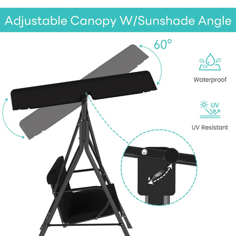 Outdoor Patio Swing Chair With Adjustable Canopy And Heavy Duty Stand For Three Adults, Durable Glider For Deck Or Backyard, Weatherproof Black with adjustable sunshade