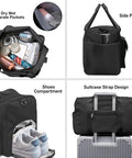 Sports Duffel Bag With Shoe Compartment And Wet Dry Separated Pocket showing compartments and suitcase strap design.