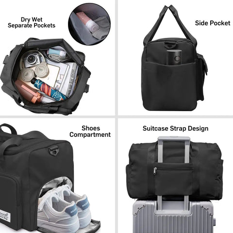 Sports Duffel Bag With Shoe Compartment And Wet Dry Separated Pocket showing compartments and suitcase strap design.