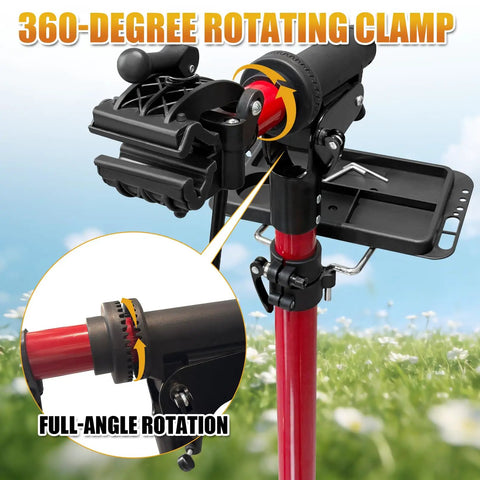 Heavy Duty Bike Repair Stand With 360 Degree Clamp Portable Aluminum Work Stand Supports Up To 110 Lbs Tool Tray Rotating Clamp Red