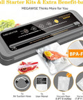 Heavy Duty Home Vacuum Sealer With 80kPa Suction Power Bags And Cutter Included shown with starter kits and benefits