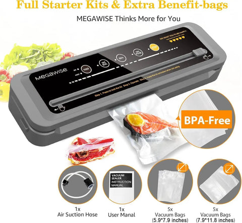 Heavy Duty Home Vacuum Sealer With 80kPa Suction Power Bags And Cutter Included shown with starter kits and benefits