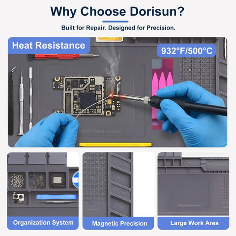 Top Tier Heat Resistant Silicone Soldering Mat With Magnetic Screw Retainer Tray Heavy Duty Electronics Workboard Up To 932 Fahrenheit High Temp Protection For Pcb Repair And Tech Gear Setup Legit Build with tools and PCB.