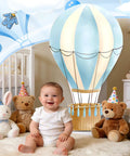 Blue Hot Air Balloon Cardboard Cutout For Baby Shower And Birthday Party Photo Booth Backdrop Life Size Standup Prop With Easy Setup Includes Sticks Tape And Backboard For Party Decor with a baby sitting in front