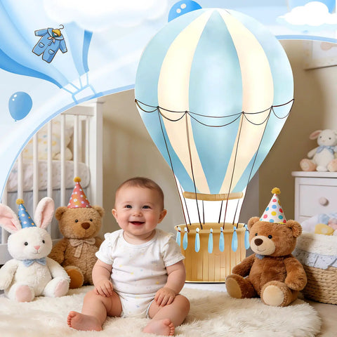 Blue Hot Air Balloon Cardboard Cutout For Baby Shower And Birthday Party Photo Booth Backdrop Life Size Standup Prop With Easy Setup Includes Sticks Tape And Backboard For Party Decor with a baby sitting in front