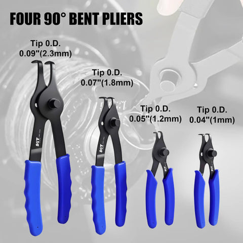 Four 90-degree bent pliers from 14 Piece Snap Ring Pliers Set With Internal And External Retaining Rings