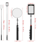 360 Degree Rotating Telescopic Inspection Mirror With LED Lights On A Stick For Auto Mechanics Extendable Reach From 7.5 Inches Collapsed To 34 Inches Dual Mirror Heads For Tight Car Engine Underbody Inspections, showing telescopic handle and dual mirrors