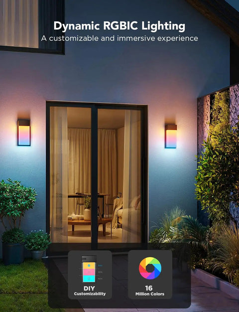 Next Level Outdoor Wall Lights Two Pack Smart RGBIC Porch Fixtures Hella Bright Waterproof Patio Bulbs App Controlled dynamic lighting